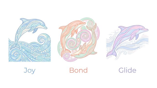Clean minimal vector line-art infographic icon set featuring a dolphin leaping over highly detailed geometric wave patterns, two dolphins swimming together with interlocking spiral currents, a...