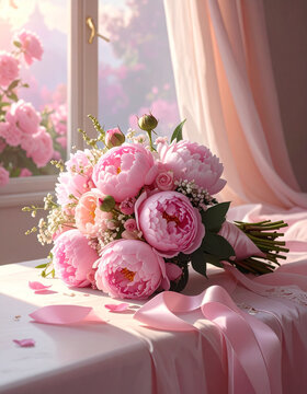 Pink peony bouquet near window