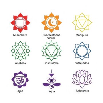 Colorful Chakra Symbols with Names and Spiritual Designs.