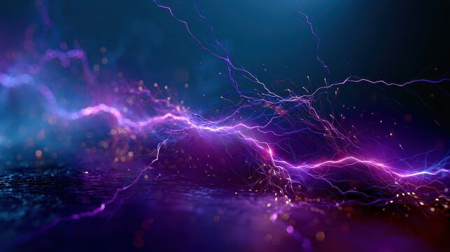 Purple electrical bolts crackle on a dark surface with glowing sparks. Energy concept for futuristic tech ads.