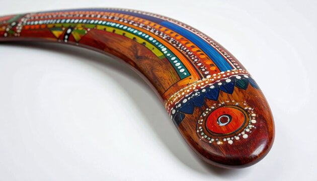 Curved wooden artifact with vibrant, intricate tribal artwork and patterns