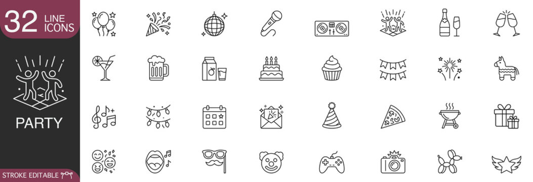 Party and celebration event line icon vector set featuring birthday, music, and festival decoration concepts with editable stroke.