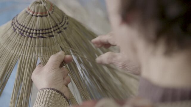Hands Weaving Traditional Bon Odori Hat in Ugo Town Akita Prefecture J