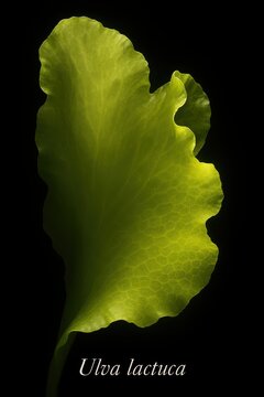Ulva lactuca documented with thin ruffled thallus and magnified honeycomb cellular surface pattern