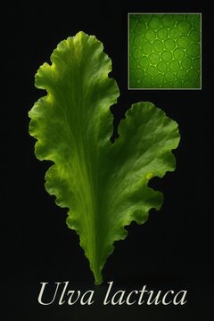 Botanical reference tracing Ulva lactuca from ruffled blade form to cellular tissue detail