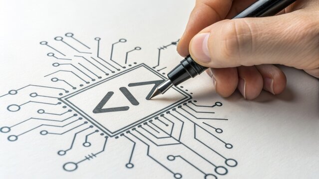 Hand drawing a circuit board with computer code. The drawing is on paper and shows a person's hand holding a pen.