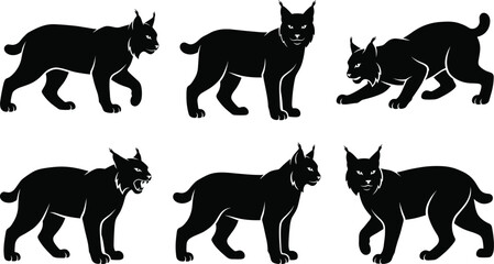 Lynx silhouettes, wildcat icons, bobcat illustrations, predator figures, forest animal shapes, feline collection, wilderness nature graphics, hunting cat poses, black animal symbols. © MstSumi