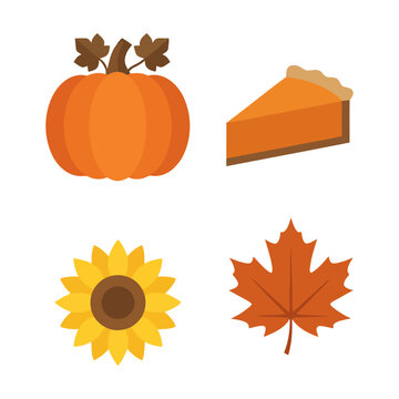 Set of autumn harvest icons including a pumpkin pie slice sunflower and a brown maple leaf Vector