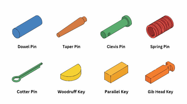 Colorful collection of various pins and keys illustration.