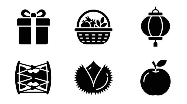 Chuseok celebration silhouette symbols, gift box, harvest basket, Korean lantern, traditional drum, chestnut, pear fruit, exactly six symbols only