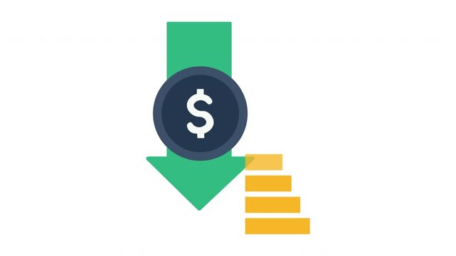 Green shield with dollar sign, down arrow, and gold coins stack, cost reduction, money saving and financial protection flat vector motion graphics animation video
