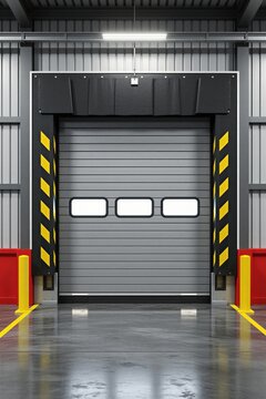 Large grey industrial rolling door at warehouse loading dock. Yellow hazard stripes on dock shelter. Concrete floor with yellow line marking.