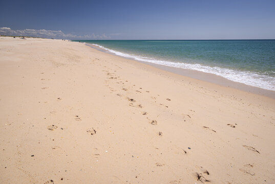 Footprints in the sand on the beach on Culatra Island, Ria Formosa Natural Park, Olh&atilde;o, Algarve, Portugal