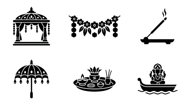 Ganesh Chaturthi celebration silhouette symbols, decorated mandap, flower toran, incense stand, ceremonial umbrella, puja thali, immersion boat, exactly six symbols only