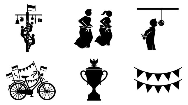 Indonesia Independence Day celebration silhouette symboll, panjat pinang pole, sack race bag, cracker eating contest, bicycle decoration, victory trophy, festive pennant banner, exactly six symbols on