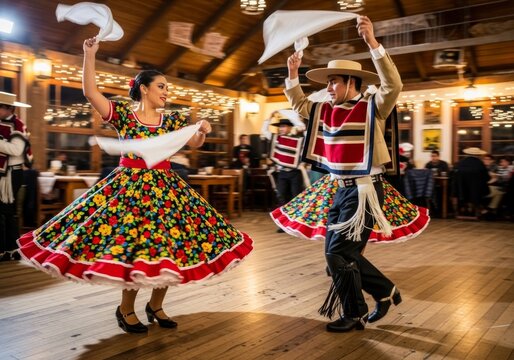 Woman and man dancing cueca in traditional costume. Chilean folk dance performance with handkerchief. Cultural heritage festival in restaurant. Latin American history and tradition.