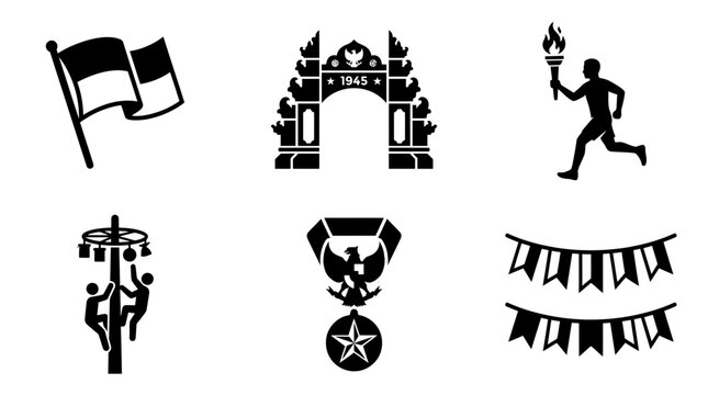 Indonesia Independence celebration silhouette symbols, waving flag, traditional arch gate, victory torch, panjat pinang pole, independence medal, festive pennant banner, exactly six symbols only