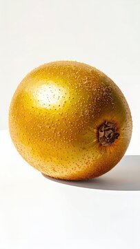 Golden-skinned fruit with fuzzy texture and brown stem, isolated on white