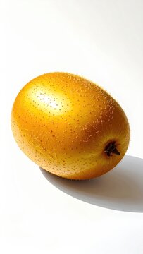 A golden kiwi fruit with speckled skin casts a shadow on white
