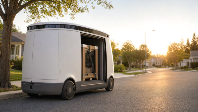 Autonomous electric van drone delivering large purchases parked at the curb to a suburban home. Copy space for text about online store delivery. Sales and Black Friday concept.