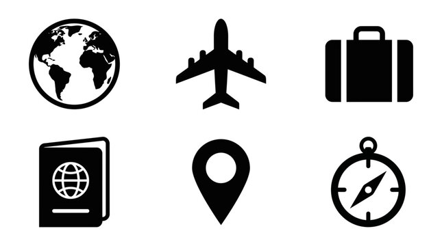 World Tourism Day silhouette symbols, globe, airplane, suitcase, passport, location pin, compass, exactly six symbols only