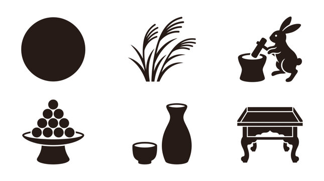 Tsukimi silhouette symbols, full moon, pampas grass, rabbit pounding mochi, dango dumplings, sake cup, moon viewing stand, exactly six symbols only