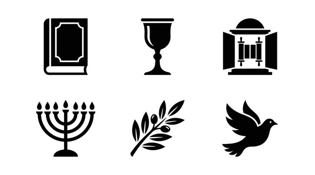 Yom Kippur ritual silhouette symbols, prayer book, fasting cup, synagogue ark, candle holder, olive branch, dove, exactly six symbols only