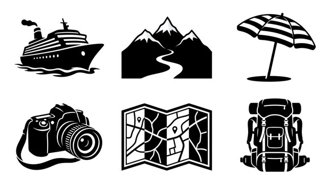 World Tourism Day travel silhouette symbols, cruise ship, mountain landscape, beach umbrella, camera, folded map, hiking backpack, exactly six symbols only
