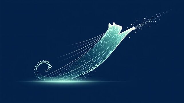 Glowing mint stardust cat silhouette reaching for twinkling stars, flowing particle stream, whimsical Halloween artwork for wallpaper, party invitation and gentle dark holiday decor layout