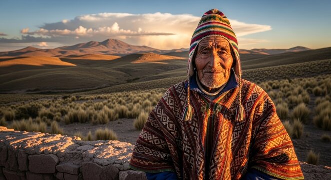 Elderly Andean man wearing traditional knitted cap and patterned poncho sitting in mountain landscape. Portrait of South American indigenous person at sunset. Cultural heritage concept.