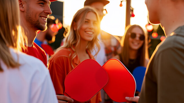 Friends tap red pickleball paddles together, smiling in warm golden hour sunlight before an evening game. A vibrant lifestyle scene of friendship, sport and summer connection.