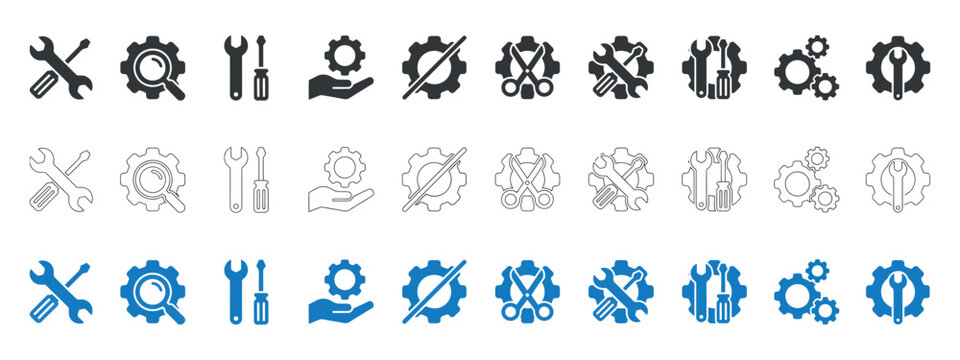Set Of Tool Icons Including Wrenches Screwdrivers And Gears In Line Style