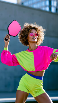 A dynamic woman in a neon color-block outfit swings a pink pickleball paddle against minimalist concrete architecture. A bold editorial sport fashion portrait with copy space.