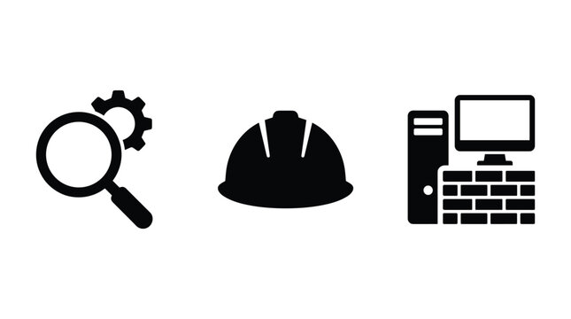 Icons for technology and industry: magnifying glass with gear, hard hat, computer and server rack.