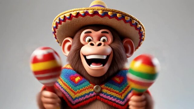 Happy cartoon monkey playing maracas in a sombrero and poncho