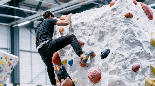 Confident climber ascending colorful indoor bouldering wall, dynamic body position, modern climbing gym, active fitness lifestyle, strength and determination in extreme sport.