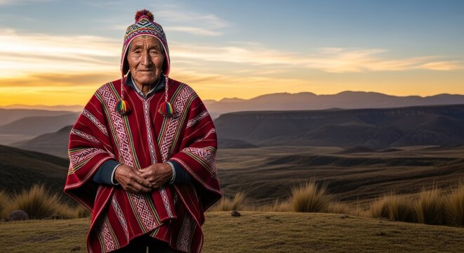 Andean man wearing traditional poncho and chullo hat standing in mountains at sunset. Portrait of indigenous Peruvian person in nature. Culture and heritage of South America travel.
