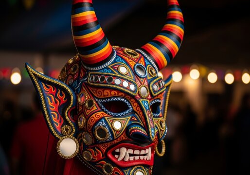 Traditional bolivian diablada mask with colorful details and horns. Authentic handicraft worn during carnival parade. Cultural heritage symbol of folk dance, ritual and celebration.