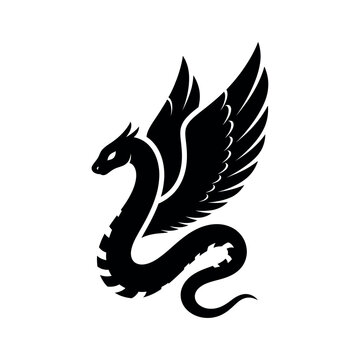 Mythical winged serpent creature black silhouette.