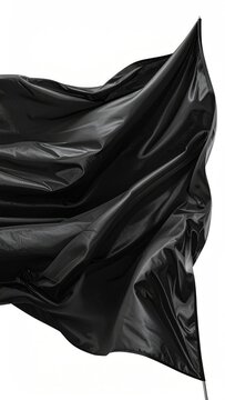 A dark, flowing fabric billows dramatically against a stark white background