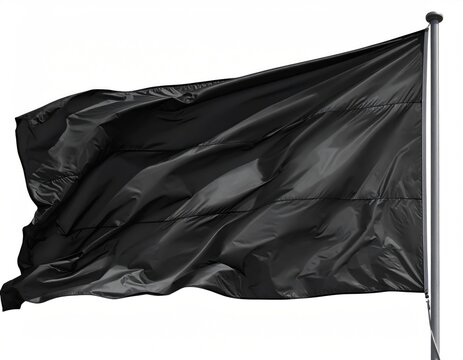 A solid black flag waves gently from a metallic pole against a white backdrop