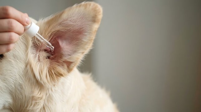 Applying medical ear drops to a fluffy dog ear for health treatment