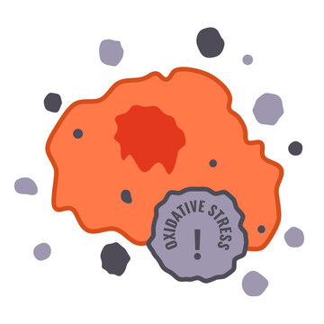 Oxidative stress from free radicals sign on damaged cell. Medical vector illustration.