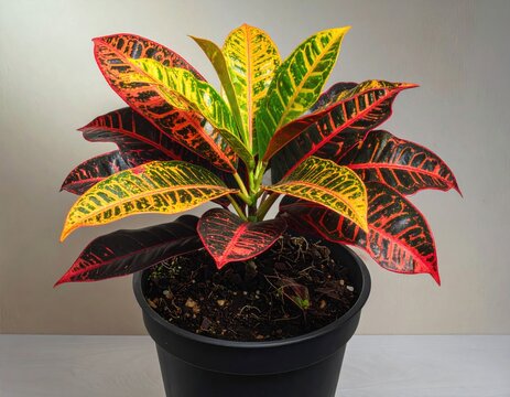 Vibrant potted plant with multi-colored leaves, showcasing red, yellow, and green hues