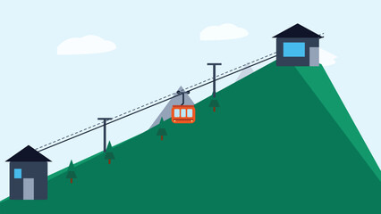 Flat vector illustration of a red cable car gondola transporting passengers up a steep green mountain © Yan