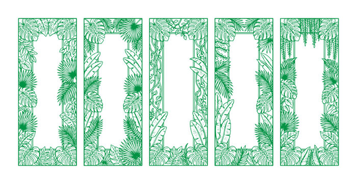 Tropical leaf border set, 5 green botanical frames with monstera and palm foliage, exotic jungle plant vector banners for summer wedding invitations
