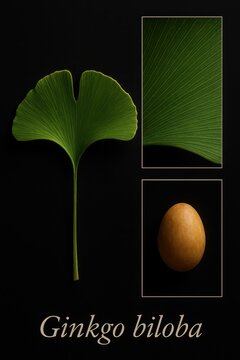 Botanical specimen study of Ginkgo biloba featuring fan leaf dichotomous venation and stalked ovulate seed