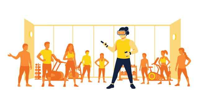 Virtual Reality Fitness Experience in Modern Gym Vector Illustration with Group of People Working Out