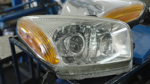 Clean car headlight assembly with orange reflector lens on workshop rack.
