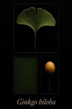 Academic collage presenting ancient gymnosperm foliage radiating leaf veins and single sarcotesta seed on stalk